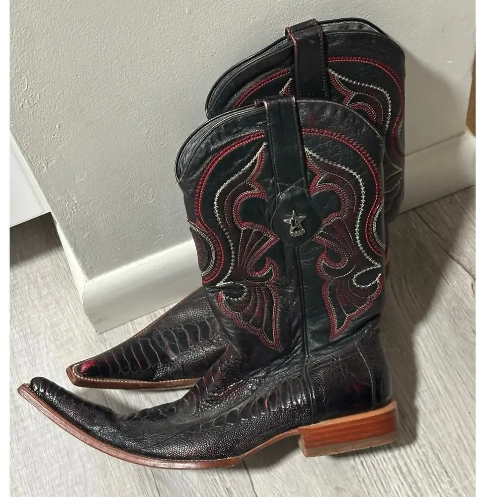 Los Altos Genuine Ostrich Leg Cowboy Boots Black Cherry Men’s 9 EE Snip Toe